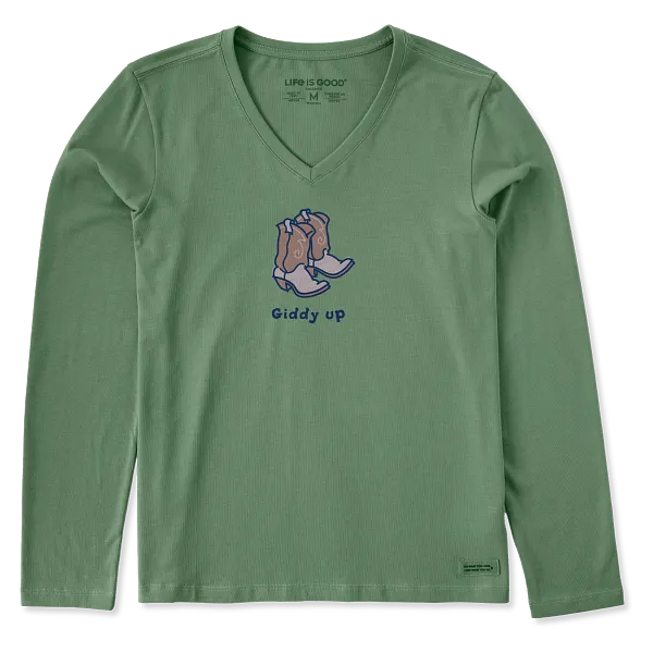 Life is Good. Women's Giddy Up Cowboy Boots Long Sleeve Crusher Vee, Granite Green