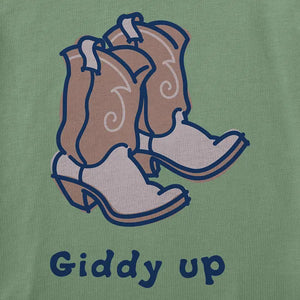 Life is Good. Women's Giddy Up Cowboy Boots Long Sleeve Crusher Vee, Granite Green