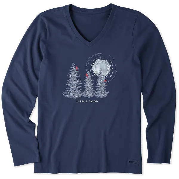 Life is Good. Women's Snowy Pines with Cardinals Long Sleeve Crusher Vee, Darkest Blue