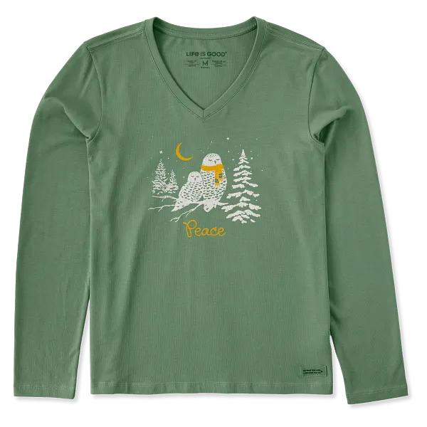 Life is Good. Women's Peace Owls Long Sleeve Crusher Vee, Granite Green