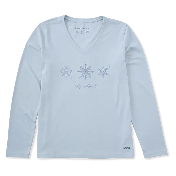 Life is Good. Women's Three Doodle Snowflakes Long Sleeve Crusher Vee, Glacier Blue