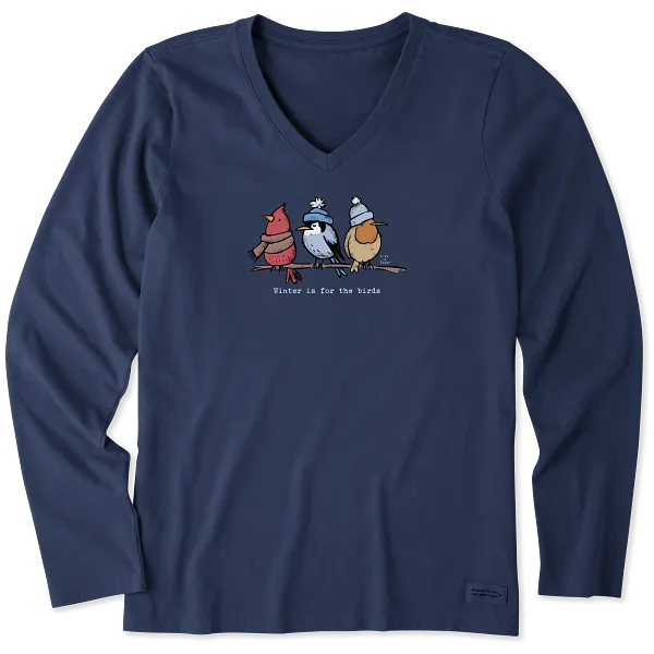 Life is Good. Women's Shady Winter is for the Birds Long Sleeve Crusher Vee, Darkest Blue