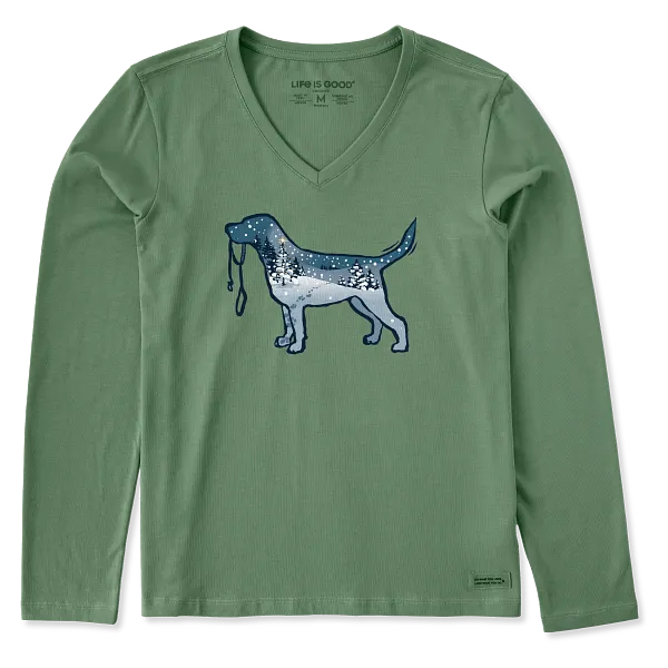 Life is Good. Women's Snowscape Dog Long Sleeve Crusher Vee, Granite Green