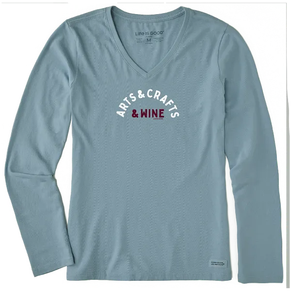 Life is Good. Women's Arts & Crafts & Wine Long Sleeve Crusher Vee, Smoky Blue