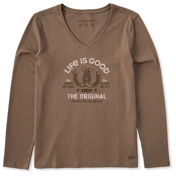 Life is Good. Women's Lucky Horseshoes Long Sleeve Crusher Vee, Mushroom Brown