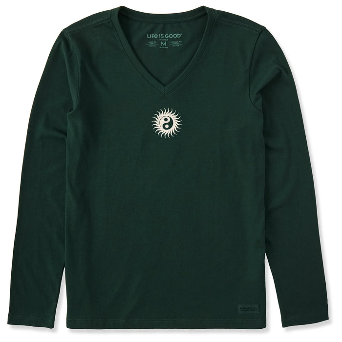 Life is Good. Women's Mini Namaste Sun Long Sleeve Crusher Vee, Treeline Green