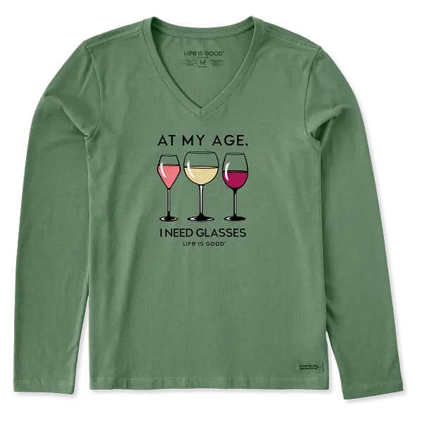 Life is Good. Women's I Need Wine Glasses Long Sleeve Crusher Vee, Granite Green