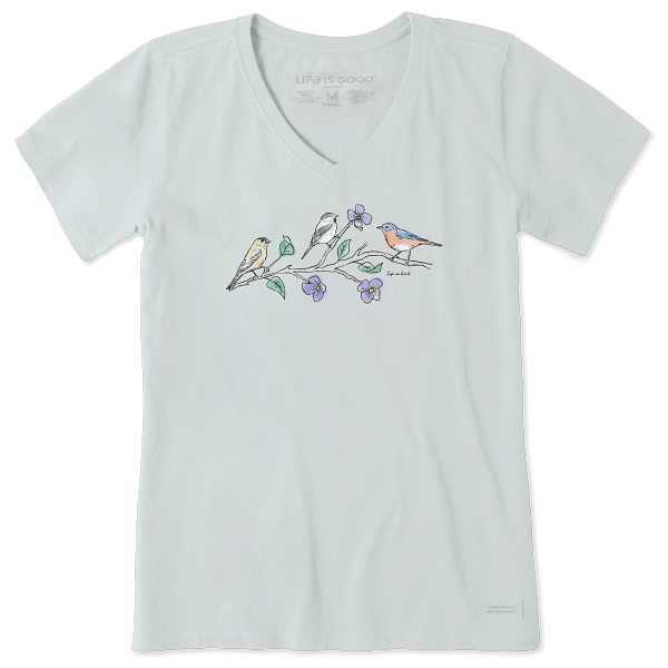 Life is Good. Women's Three Birds Short Sleeve Crusher-LITE Vee, Fog Gray