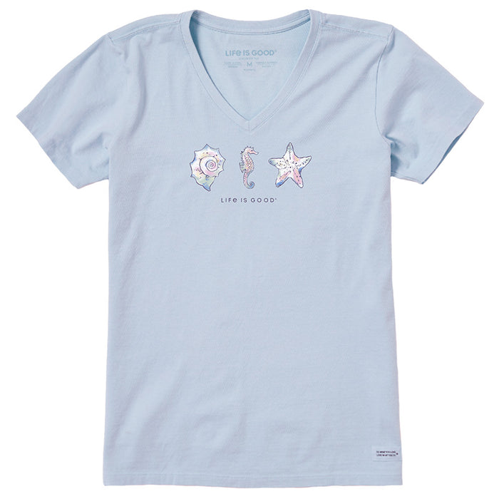 Life is Good. Women's Sea Life and Shells Short Sleeve Crusher-LITE Vee, Glacier Blue
