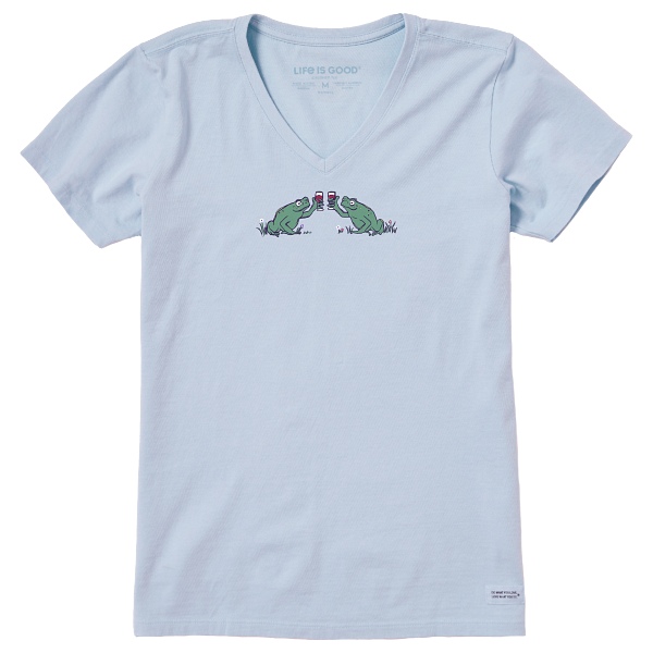 Life is Good. Women's Frog Cheers Short Sleeve Crusher-LITE Vee, Glacier Blue