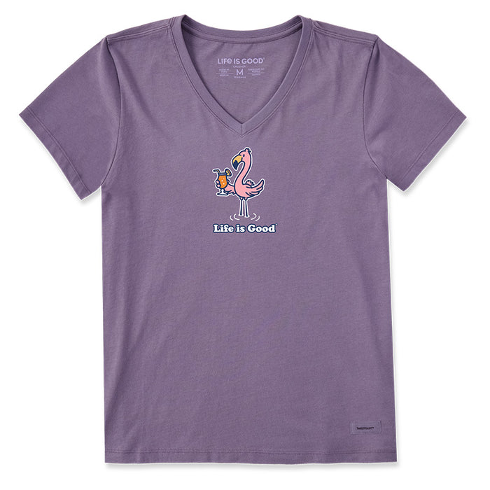 Life is Good. Women's Flamingo Cocktail Short Sleeve Crusher-LITE Vee, Dusk Purple