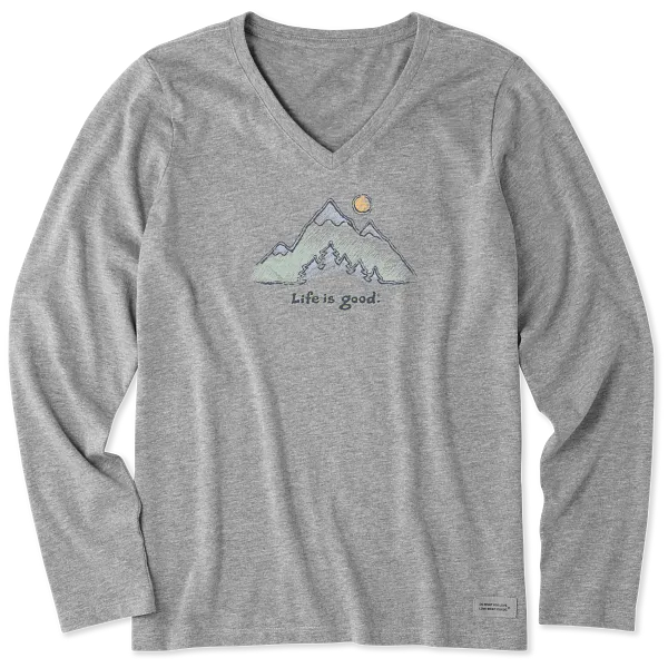 Life is Good. Women's Green Mountains Long Sleeve Crusher-LITE Vee, Heather Gray