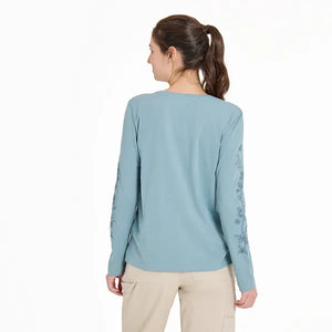 Life is Good. Women's Blossom Branches Long Sleeve Crusher-LITE Vee, Smoky Blue
