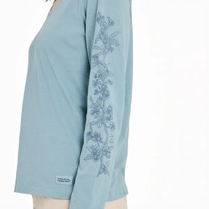 Life is Good. Women's Blossom Branches Long Sleeve Crusher-LITE Vee, Smoky Blue