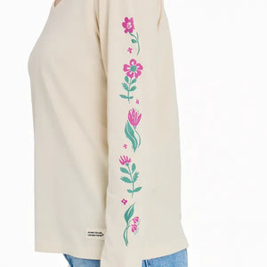 Life is Good. Women's Woodblock Floral Long Sleeve Crusher-LITE Vee, Putty White
