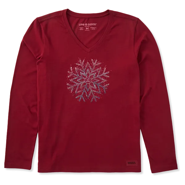 Life is Good. Women's Sparkle Snowflake Long Sleeve Crusher-LITE Vee, Adirondack Red