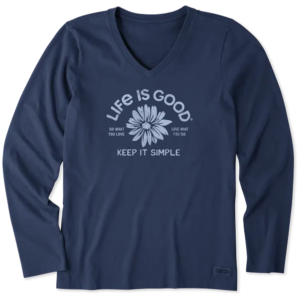 Life is Good. Women's Crafty Keep it Simple Daisy Long Sleeve Crusher-LITE Vee, Darkest Blue