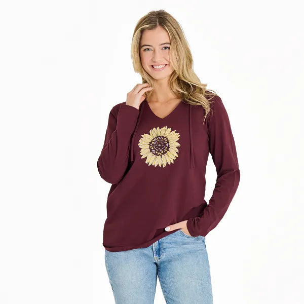 Life is Good Women's Detailed Sunflower Long Sleeve Crusher-LITE Hooded Tee, Deep Burgundy