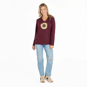 Life is Good Women's Detailed Sunflower Long Sleeve Crusher-LITE Hooded Tee, Deep Burgundy