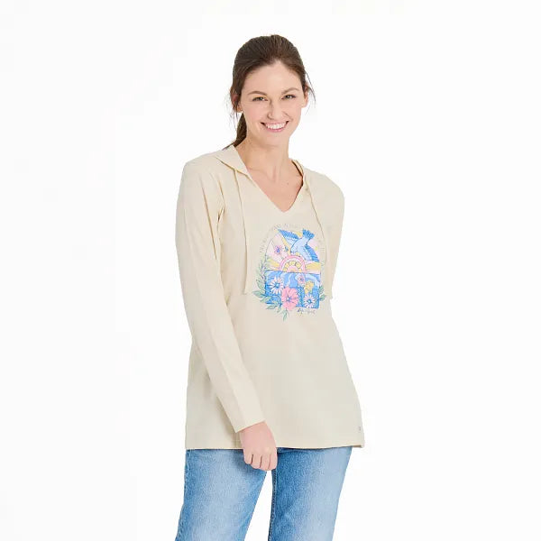 Life is Good Women's Floral Bird Sunrise Best Things Long Sleeve Crusher-LITE Hooded Tee, Putty White
