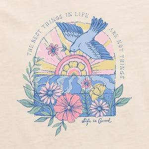Life is Good Women's Floral Bird Sunrise Best Things Long Sleeve Crusher-LITE Hooded Tee, Putty White