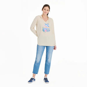 Life is Good Women's Floral Bird Sunrise Best Things Long Sleeve Crusher-LITE Hooded Tee, Putty White