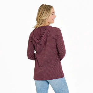Life is Good Women's Dog Walking Long Sleeve Striped Crusher-LITE Hooded Tee, Deep Burgundy