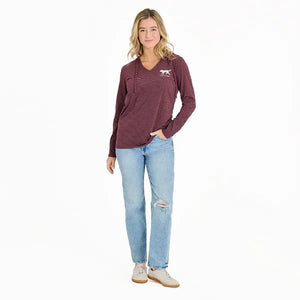Life is Good Women's Dog Walking Long Sleeve Striped Crusher-LITE Hooded Tee, Deep Burgundy