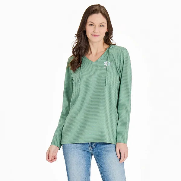 Life is Good Women's Hummingbird Flower Long Sleeve Striped Crusher-LITE Hooded Tee, Granite Green