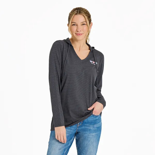 Life is Good Women's 3 Hearts Long Sleeve Striped Crusher-LITE Hooded Tee, True Black