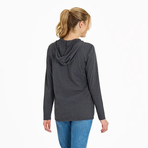 Life is Good Women's 3 Hearts Long Sleeve Striped Crusher-LITE Hooded Tee, True Black
