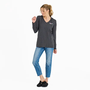 Life is Good Women's 3 Hearts Long Sleeve Striped Crusher-LITE Hooded Tee, True Black