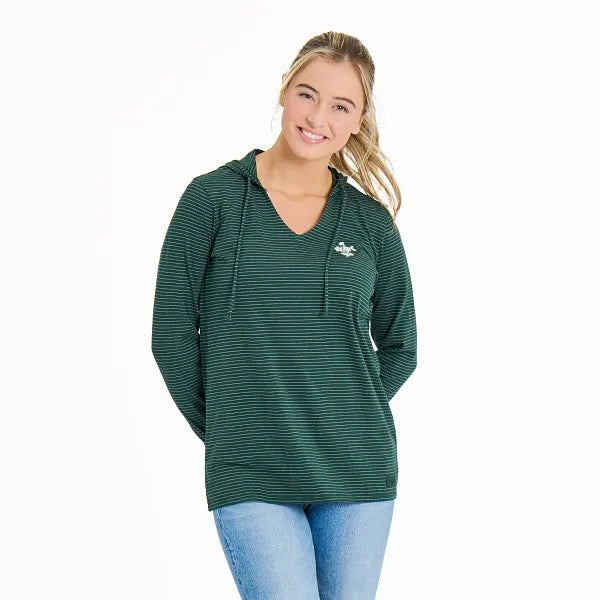 Life is Good Women's Crafty Wildflowers Long Sleeve Striped Crusher-LITE Hooded Tee, Treeline Green