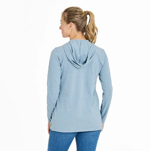 Life is Good Women's Mini Beach Turtle Long Sleeve Striped Crusher-LITE Hooded Tee, Smoky Blue