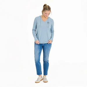Life is Good Women's Mini Beach Turtle Long Sleeve Striped Crusher-LITE Hooded Tee, Smoky Blue
