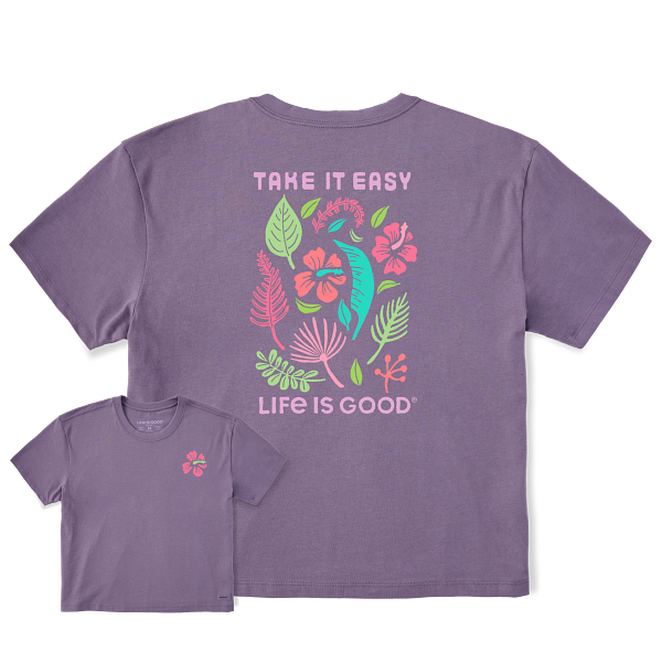 Life is Good. Women's Take it Easy Beach Flowers Short Sleeve Crusher Boxy Tee, Dusk Purple