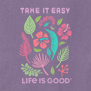 Life is Good. Women's Take it Easy Beach Flowers Short Sleeve Crusher Boxy Tee, Dusk Purple