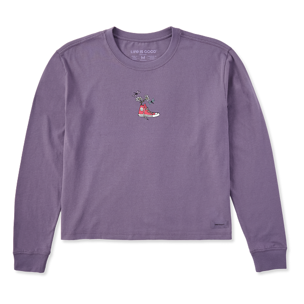 Life is Good. Women's Sneaker Daisy Long Sleeve Crusher Boxy Tee, Dusk Purple