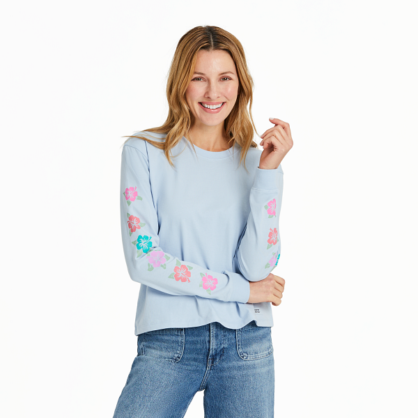 Life is Good. Women's Hibiscus Paradise Long Sleeve Crusher Boxy Tee, Glacier Blue