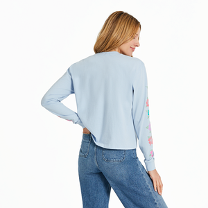 Life is Good. Women's Hibiscus Paradise Long Sleeve Crusher Boxy Tee, Glacier Blue