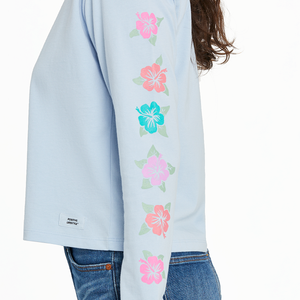 Life is Good. Women's Hibiscus Paradise Long Sleeve Crusher Boxy Tee, Glacier Blue