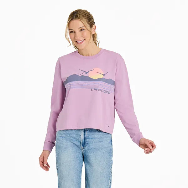 Life is Good. Women's Sunset Seagull Long Sleeve Crusher Boxy Tee, Violet Purple