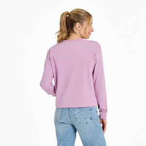 Life is Good. Women's Sunset Seagull Long Sleeve Crusher Boxy Tee, Violet Purple