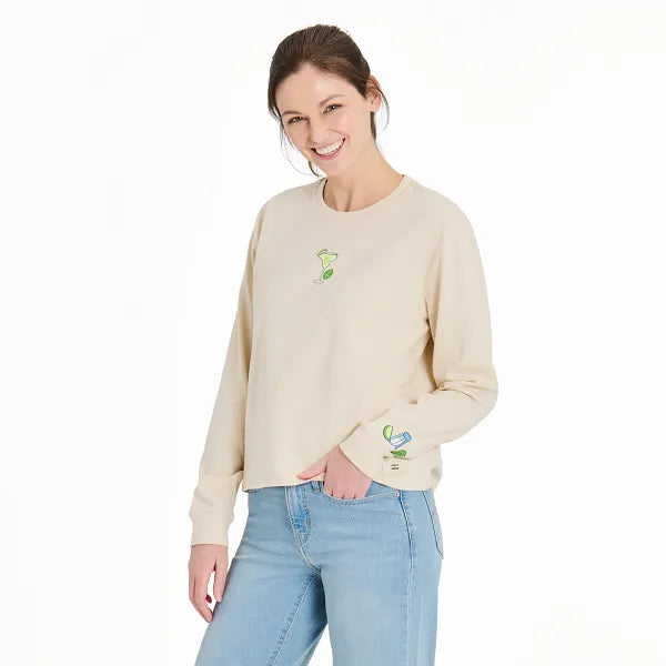 Life is Good. Women's Mini Margarita Long Sleeve Crusher Boxy Tee, Putty White