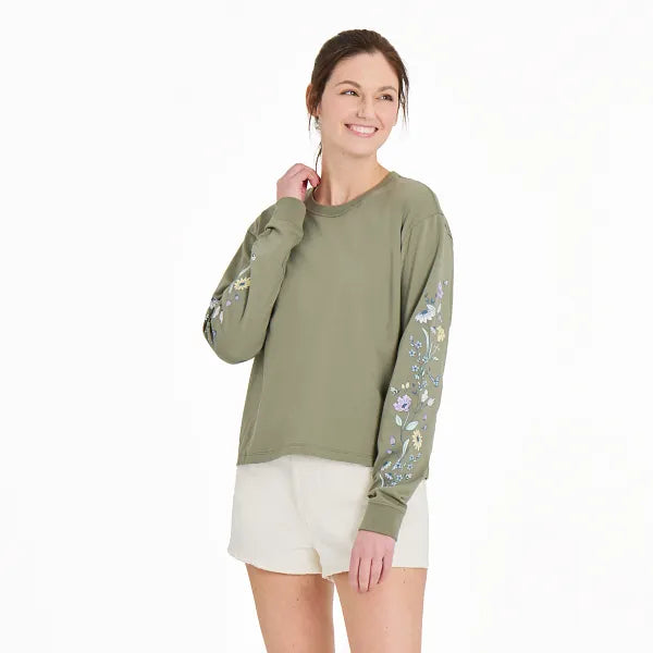 Life is Good. Women's Wildflowers and Bees Long Sleeve Crusher Boxy Tee, Moss Green