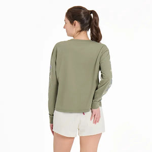 Life is Good. Women's Wildflowers and Bees Long Sleeve Crusher Boxy Tee, Moss Green