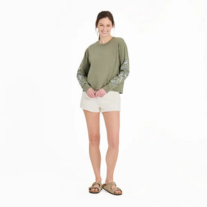 Life is Good. Women's Wildflowers and Bees Long Sleeve Crusher Boxy Tee, Moss Green