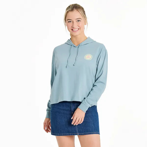 Life is Good. Women's Radiating Sun Crusher Boxy Hoodie, Smoky Blue