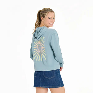 Life is Good. Women's Radiating Sun Crusher Boxy Hoodie, Smoky Blue