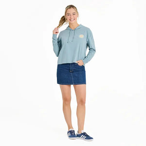 Life is Good. Women's Radiating Sun Crusher Boxy Hoodie, Smoky Blue
